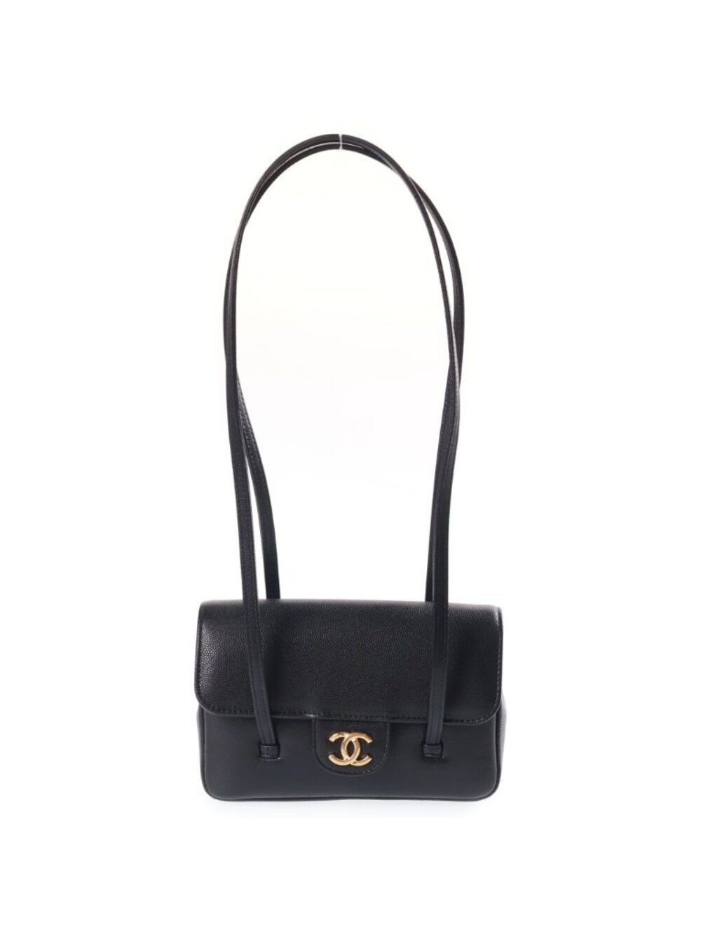 Chanel Strap Clutch CC Logo Caviar Leather Shoulder Bag Black Gold Seal